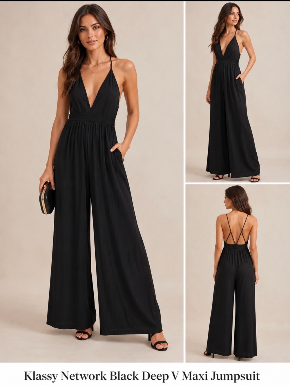 Klassy Network Black Deep V Maxi Jumpsuit